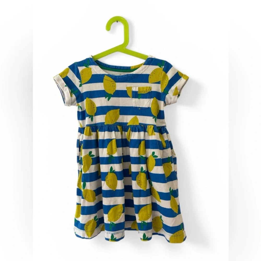 Mini Boden Girls Lemon Print Dress Blue White Striped Summer Outfit Cute Sz 4-5
